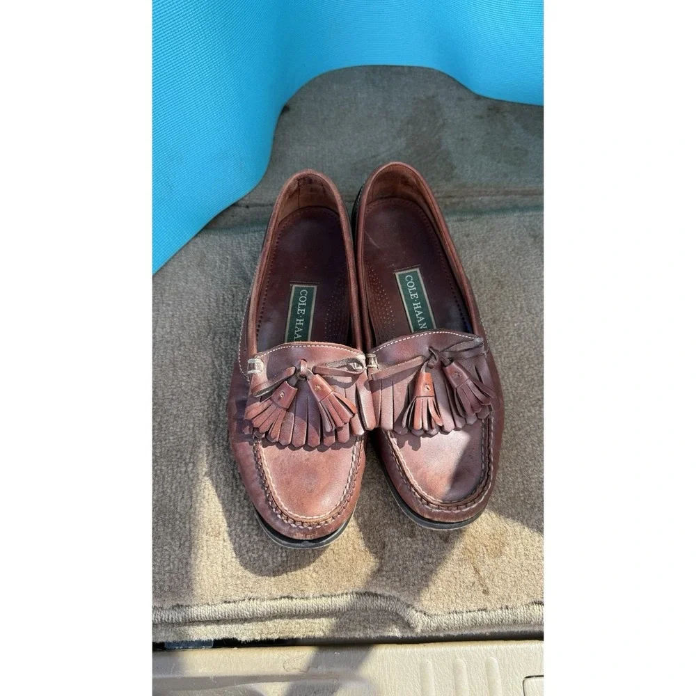 Cole Haan Men 9.5 Brown Leather Kiltie Tassel Loafers Boat Driving Shoes Moc Toe